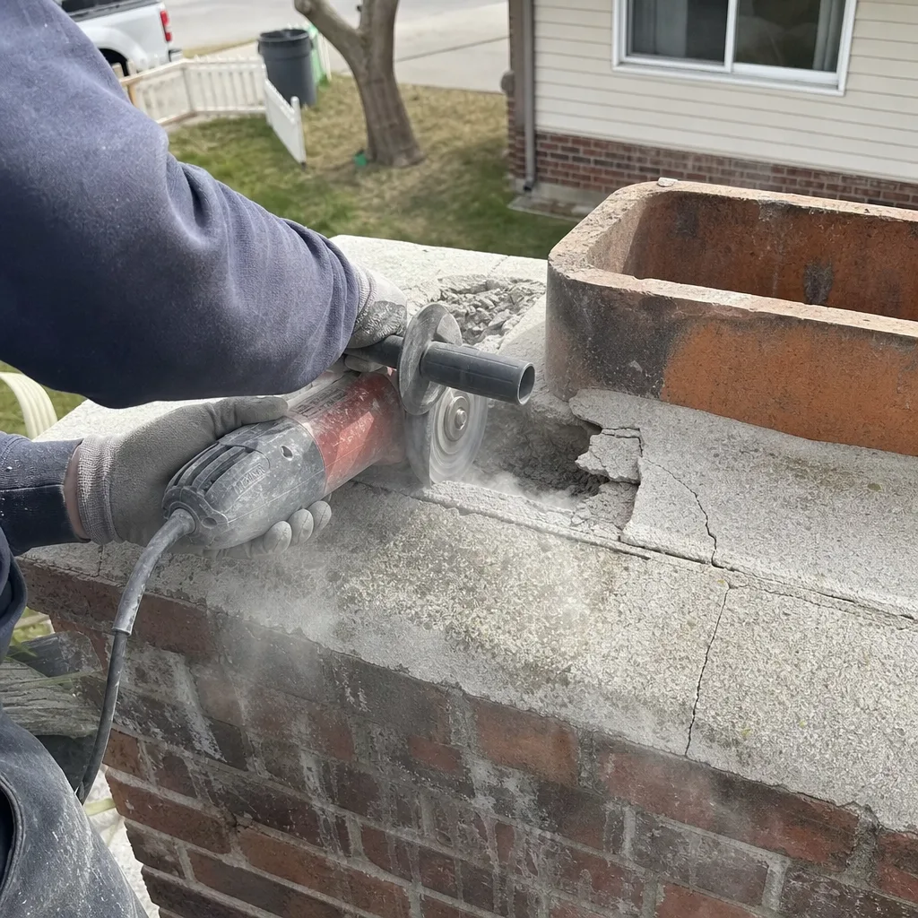 Professional using an angle grinder for chimney masonry repair