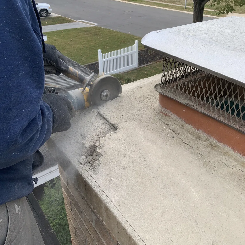 Professional technician performing concrete chimney crown repair with an angle grinder