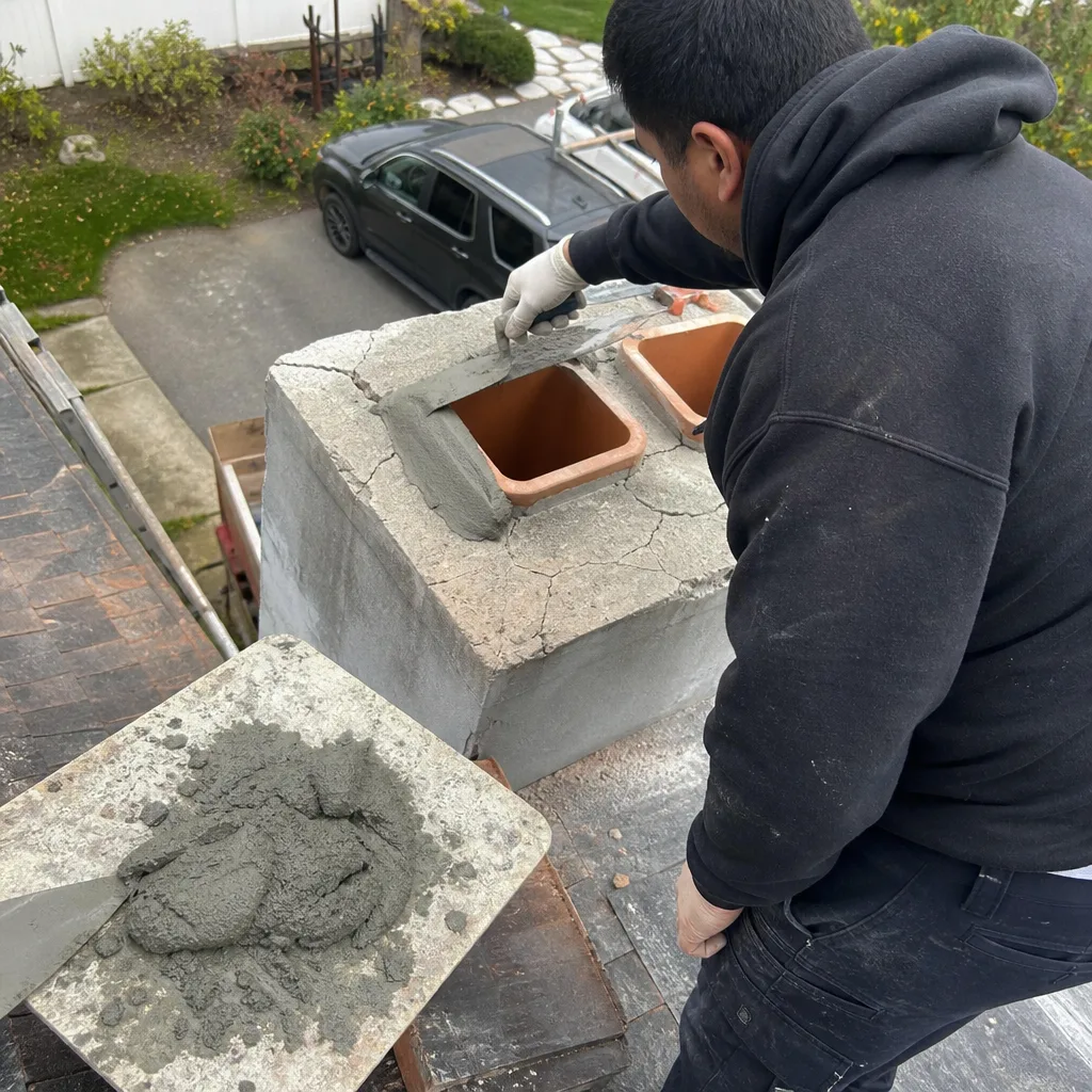 Professional technician performing masonry chimney crown repair on a residential roof