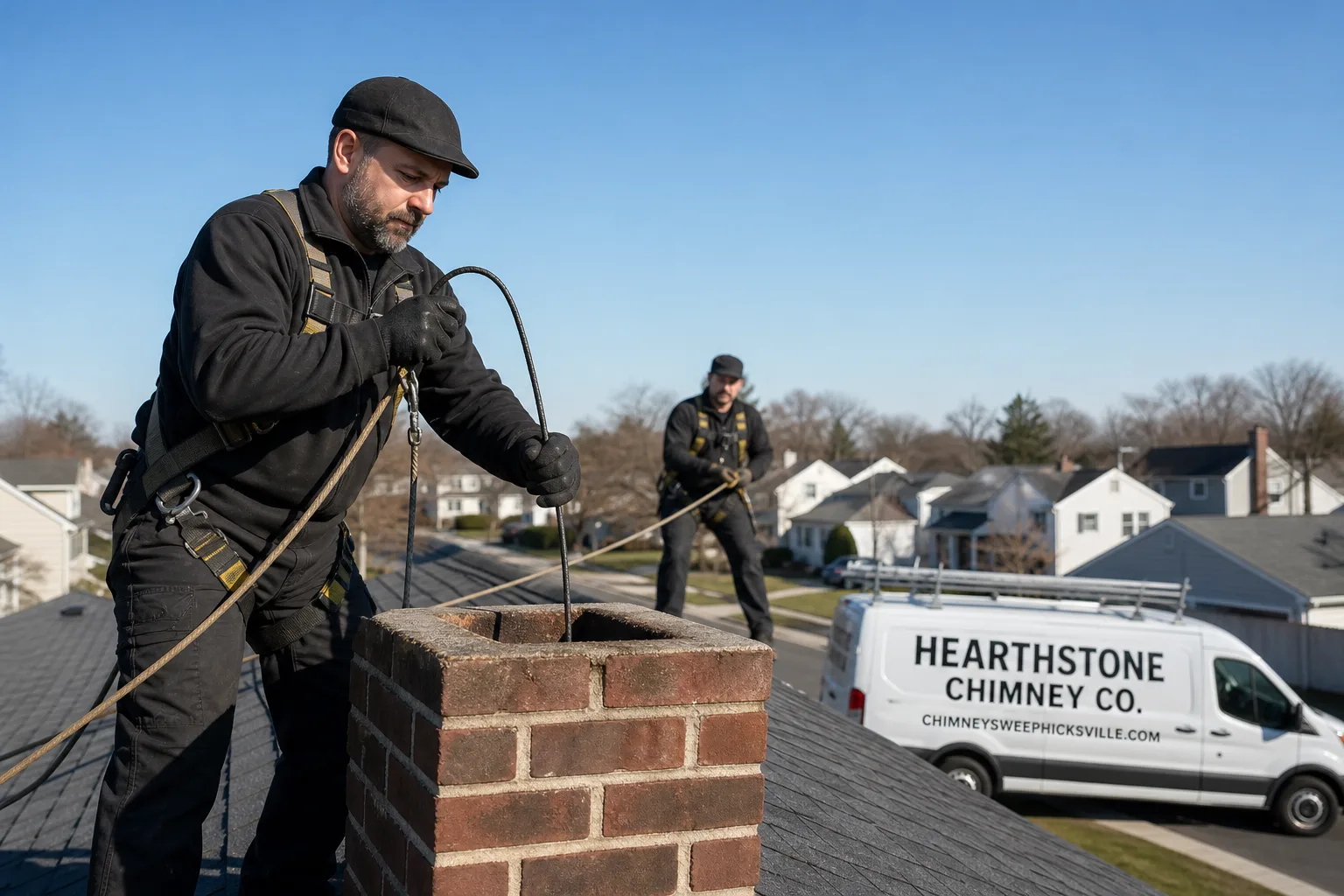 Hearthstone Chimney Co. chimney cleaning service vehicle and crew in Hicksville, NY